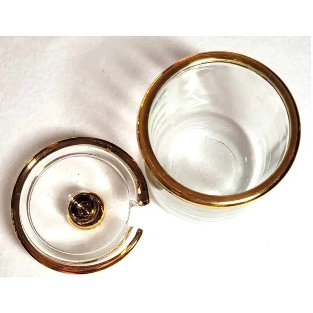 Vtg 40s 50s Jeannette Glass Gold Gilding Trim Mustard Honey Jar Lid Saucer Plate